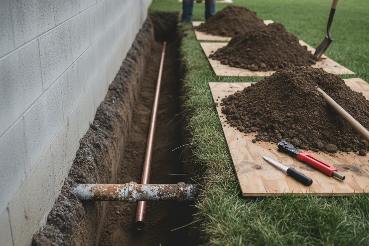 Excavated water line trench during Sewer Line Repair in Willow Grove